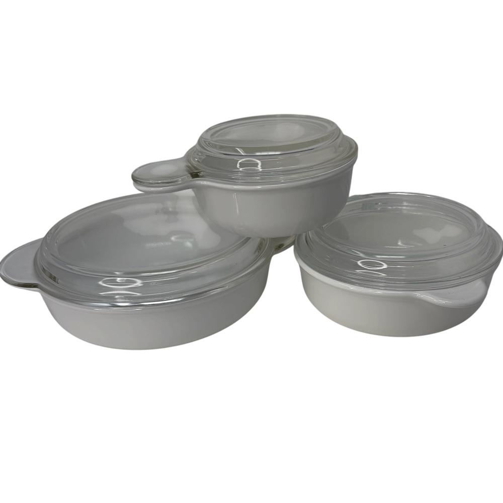 Vintage Corning Ware Grab-It Bowls Set 3 White Casseroles Glass Lids P-150 P-240